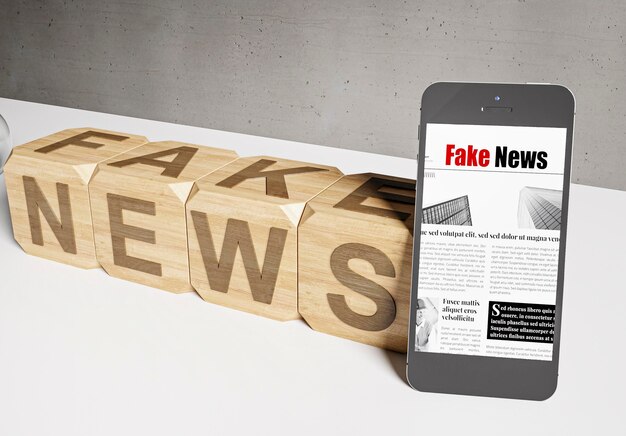 Hoge hoek van houten kubussen met nepnieuws en smartphone