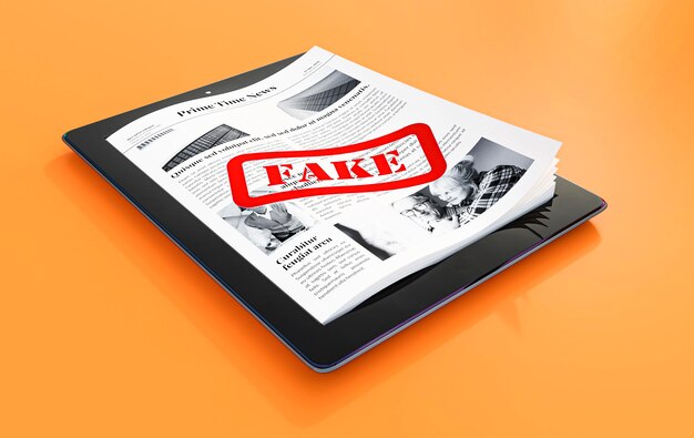 Hoge hoek van tablet met papieren en nepnieuws