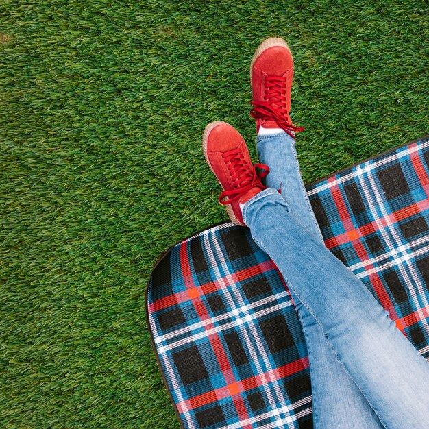 Hoge hoekmening van het been van vrouwen op deken over gras