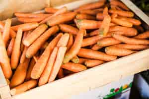 Gratis foto hoge hoekmening van oranje wortelkrat bij plantaardige markt