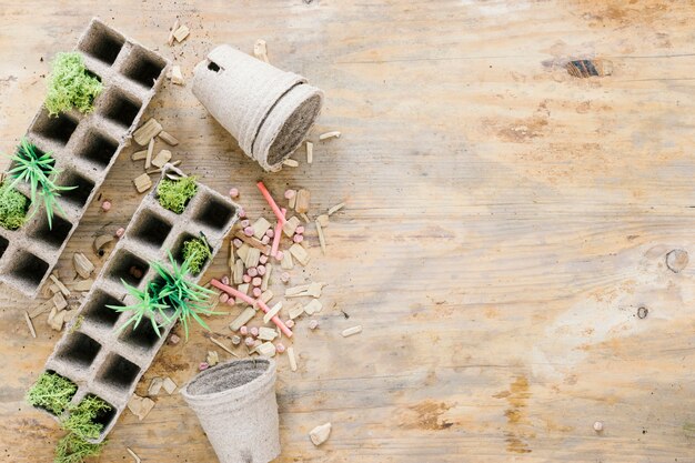 Hoge hoekmening van turfpot; turfblad; kleine plant; krijt; zaden boven houten tafel