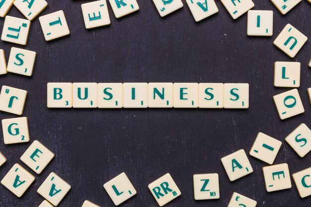Hoge hoekmening van zakelijke tekst op scrabble letters