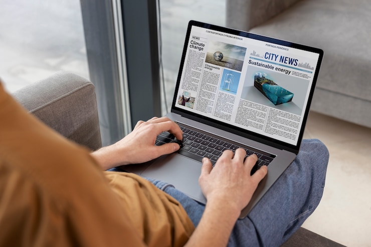 Gratis Foto hoge hoekmens die digitaal tijdschrift leest