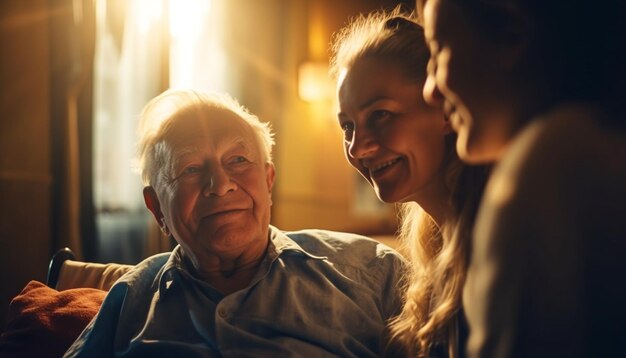 Hogere volwassenen omarmen glimlachen in zonlicht buiten gegenereerd door AI