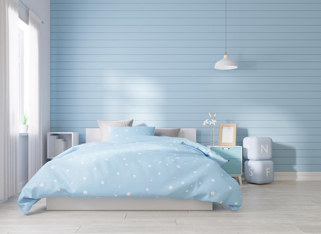 Home interieur muur mock up met onopgemaakt bed, plaid, kussens en plant in lichtblauwe slaapkamer. 3d-rendering