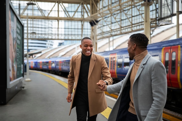 Gratis foto homopaar hand in hand op het treinstation tijdens een date