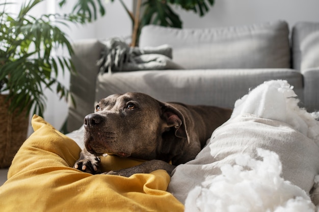 Gratis foto hond die thuis op kussens ligt