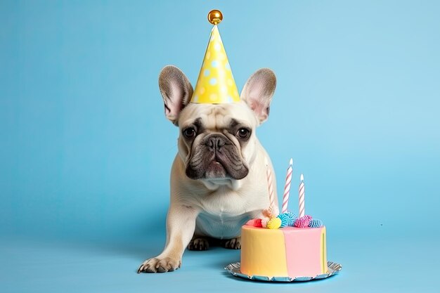 Hond met een verjaardagsmuts op zijn hoofd en verjaardagstaart op een blauwe achtergrond Ai generatief