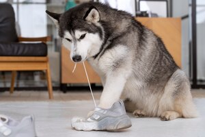 Hond speelt thuis met schoenveter