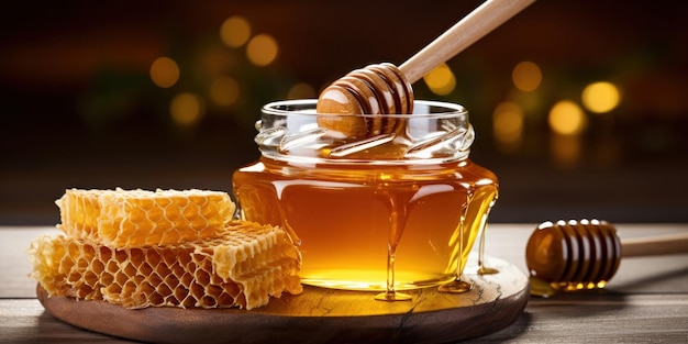 Gratis foto honing druppelt uit een dipper in een pot tegen houten tonen