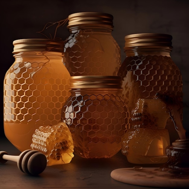 Honing in een glazen pot en honingraatjes op een donkere achtergrond