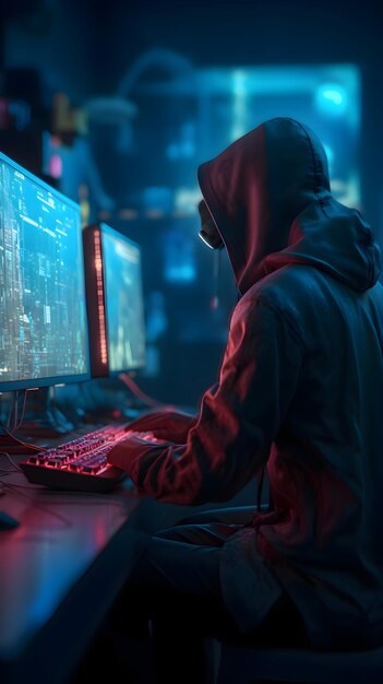 Hooded hacker die computer gebruikt in een donkere kamer Cybercrime concept