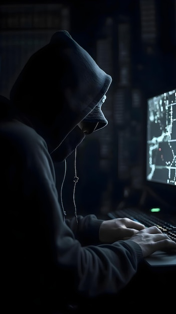 Hooded hacker in een donkere kamer met een computer op een donkere achtergrond