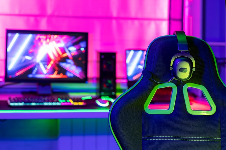 Gratis Foto hoofdtelefoon op stoel gaming setup