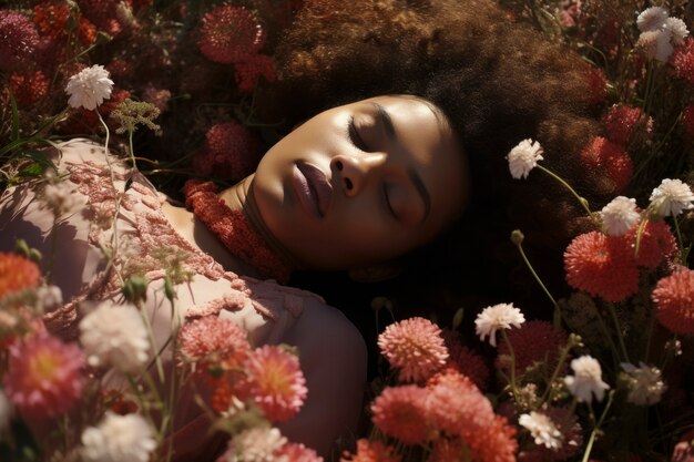 Gratis foto hooghoekige vrouw poseert met prachtige bloemen