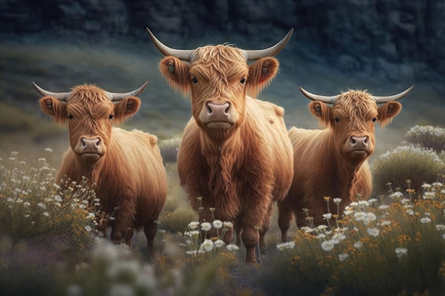 Gratis foto hooglanders in de wei drie koeien op berglandschap