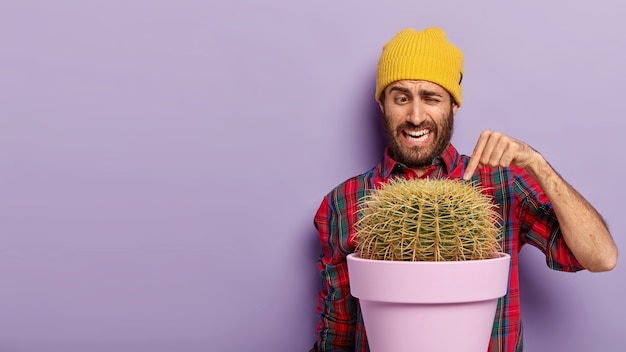 Horizontaal schot van knappe ongeschoren man wijst wijsvinger naar stekelige cactus, draagt casual geruit overhemd en gele hoed, vormt op paarse achtergrond met potplant, kopieer ruimte voor tekst