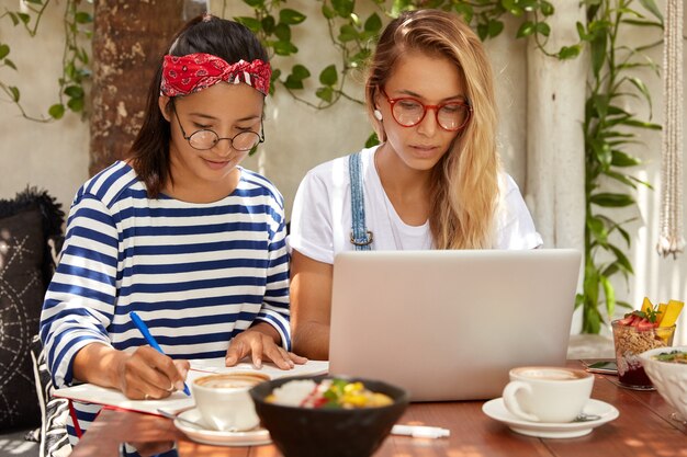 Horizontale opname van serieuze dames kijken samen naar webinar, verbonden met wifi in cafetaria