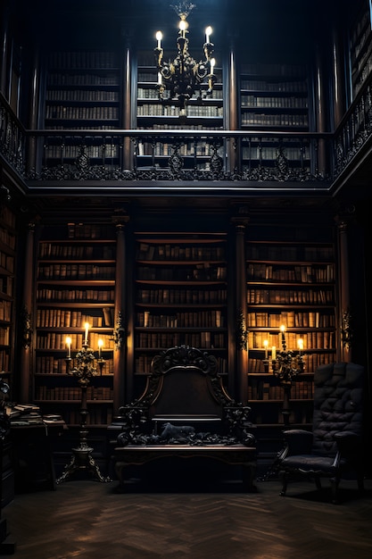 Horror scene met een griezelige bibliotheek