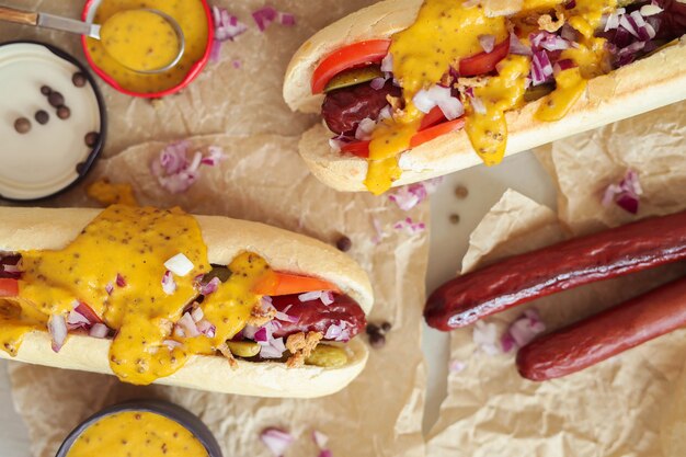 hotdog met saus op witte ondergrond