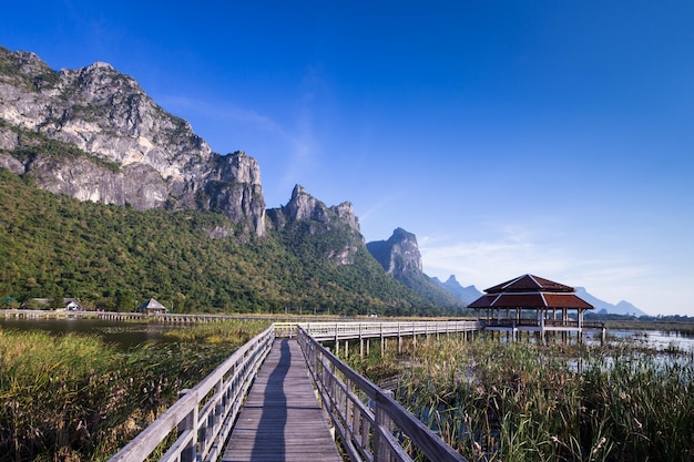 Houten brug over een meer in sam roi yod national park prachuap khiri khan thailand