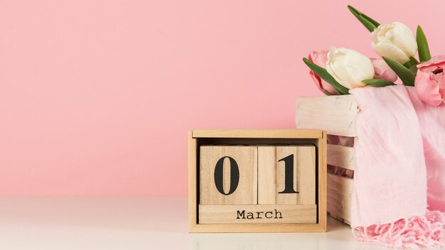 Houten kalender met 1st maart dichtbij het krat met tulpen en sjaal op bureau tegen roze achtergrond