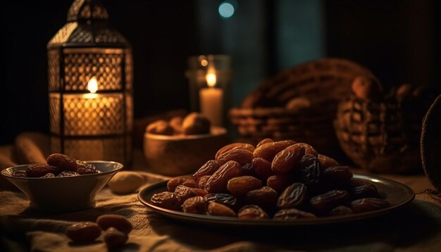 Houten kom bevat gezonde gemengde bessensnack gegenereerd door AI