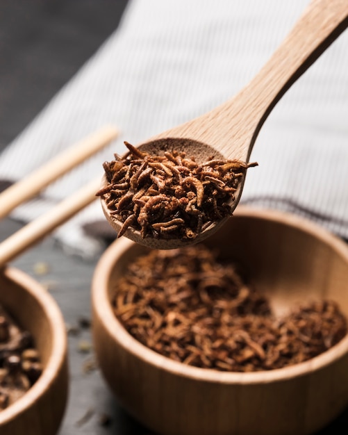 Houten lepel vol met gefrituurde insecten