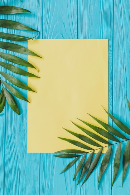 Houten oppervlak met papier en palmbladeren voor de zomer