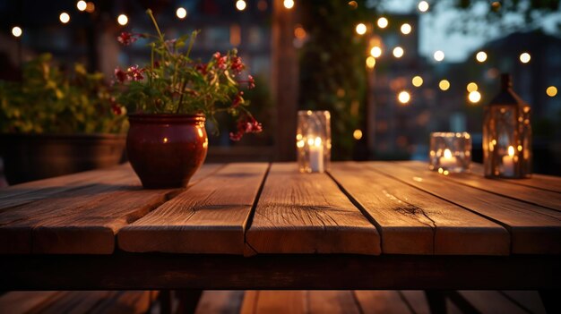 Houten tafel buiten 's nachts verlicht door achtergrondlichten