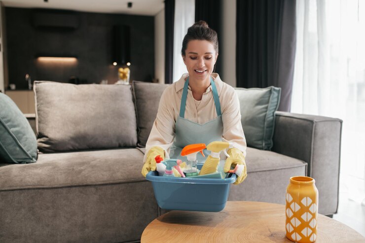 Gratis Foto huiswerk. donkerharige vrouw met een bassin met verschillende apparaten