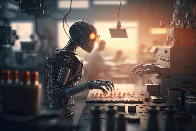 Humanoïde robot die werkt met een machine in een fabriek Ai generatief