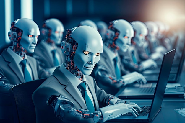 Gratis foto humanoïde robots die in een kantoor werken met computers