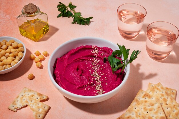 Hummus en crackers arrangement hoge hoek