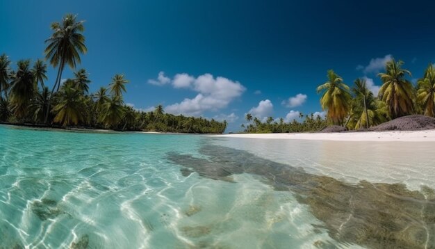 Idyllische palmboom kustlijn turkoois waterparadijs gegenereerd door AI