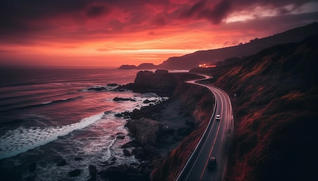 Idyllische roadtrip-horizon weerspiegelt schoonheid in de natuur gegenereerd door AI