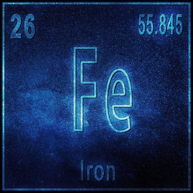IJzer scheikundig element, bord met atoomnummer en atoomgewicht, periodiek systeemelement