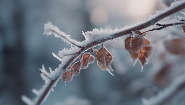 Ijzige tak met sneeuwvlokpatroon in de winter gegenereerd door ai