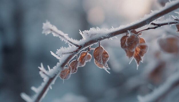 Ijzige tak met sneeuwvlokpatroon in de winter gegenereerd door AI