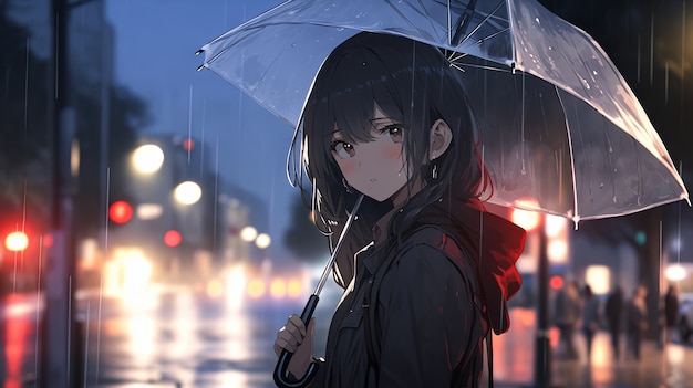 Illustratie van anime personage in de regen