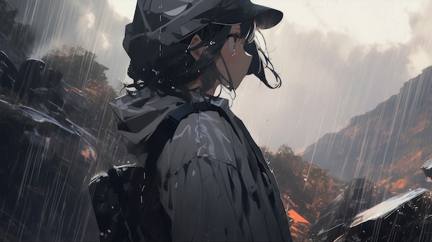 Illustratie van anime personage in de regen