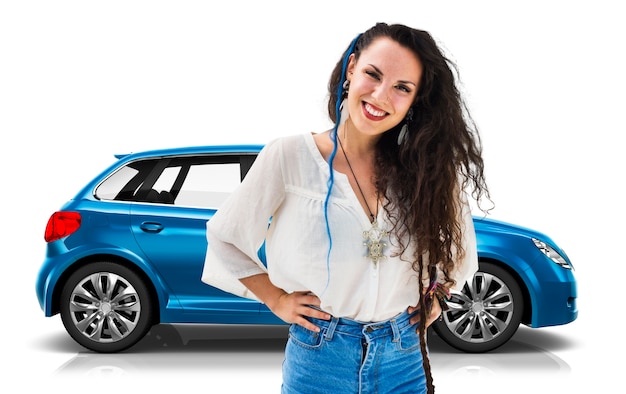 Illustratie van een blauwe hatchbackauto met een vrouw