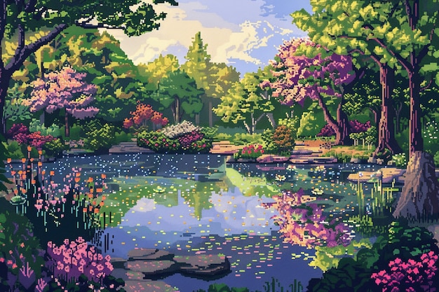 Illustratie van een bloementuin in pixel art stijl