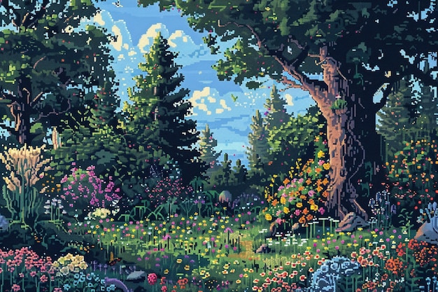 Illustratie van een bloementuin in pixel art stijl