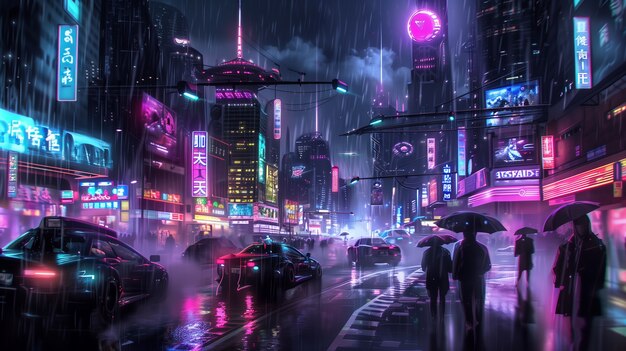Illustratie van regen in de futuristische stad