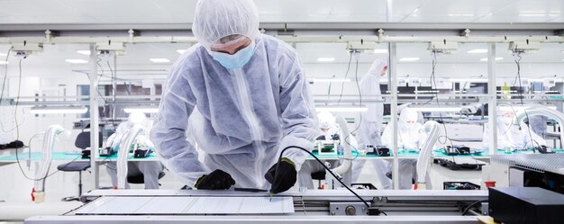 In focus is een fabrieksarbeider in een wit laboratoriumpak, zwarte latexhandschoenen en gezichtsmasker die met een soldeerbout werken, andere arbeiders staan op de horizontale achtergrondafbeelding