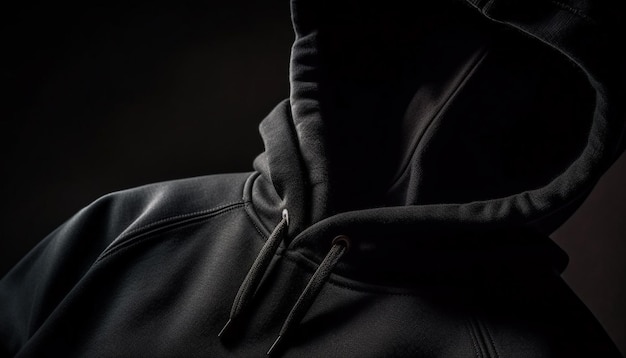 Gratis foto inbreker met kap in zwarte kleding verbergt zich in schaduwen gegenereerd door ai