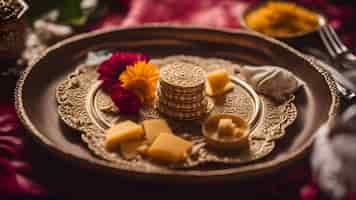 Gratis foto indian festival dussehra met gouden munten, bloemen en snoepjes