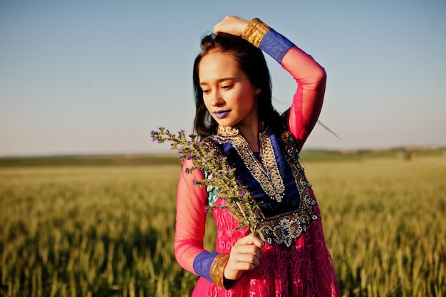 Indisch meisje in saree met paarse lippen make-up geposeerd op veld in zonsondergang Modieus Indiaas model