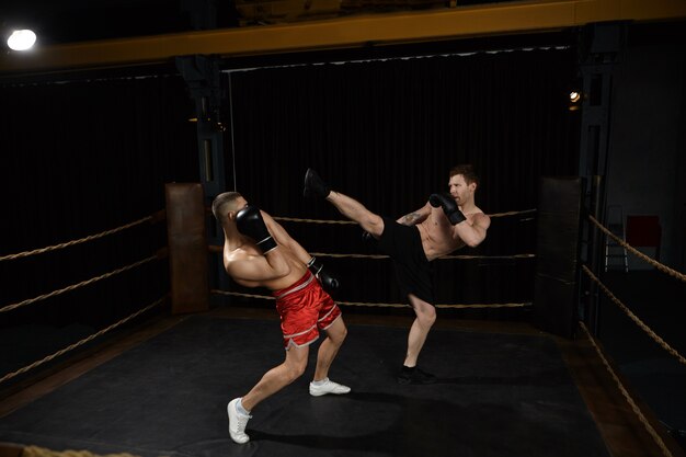 Indoor shot van professionele jonge Europese mannelijke gemengde vechters met naakte torso boksen op ring: man in zwarte korte broek reikt zijn been uit en gaat zijn vijand in een rode broek recht in zijn gezicht schoppen